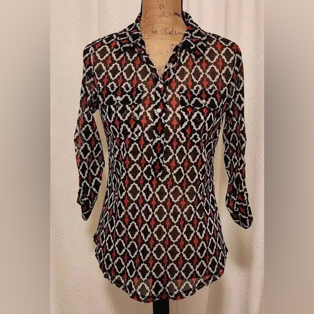 International Concepts Women's M Red & Black Sheer Roll Tab Sleeve Blouse Top